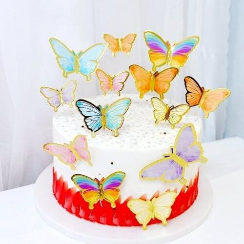 10pcs Butterfly Paper Cake Topper Artificial Flower Head Happy Birthday Baby Shower Wedding Party Decor DIY Gift Baking Supplies