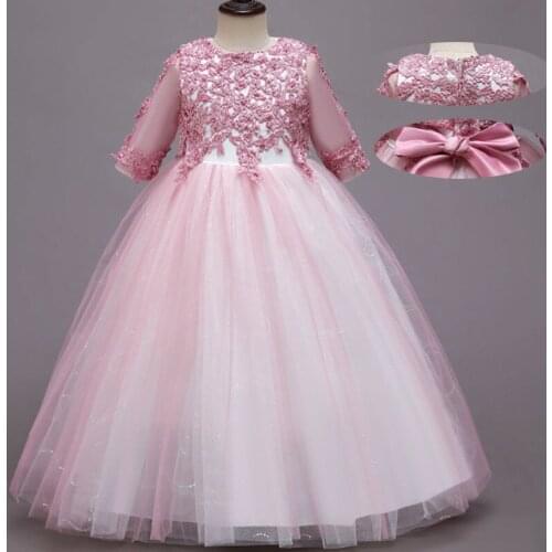 2021 Summer Pink White Bridesmaid Dress Kids Clothes For Girls Children Costume Princess Girl Party Wedding Dress Long Sleeve