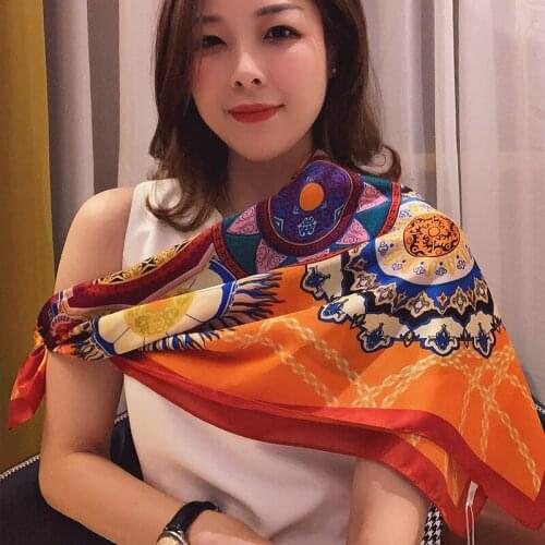 2021 Popular Kerchief Fashion 90X90CM Square Bandana Female Fine Print Silk Scarf Summer Sunscreen High-Grade Satin Beach Shawl