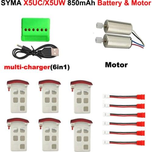 Syma X5UW & X5UC RC Quadcopter Battery Capacity 3.7V 850mAh Lipo Battery&motor with charger(6in1) RC Drone Spare Battery Parts