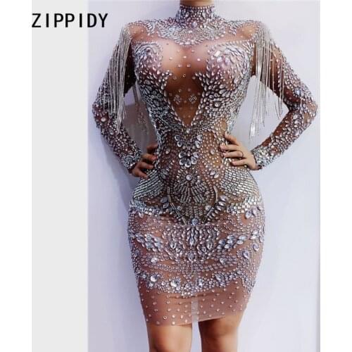 Sparkly Silver Rhinestones Fringe Transparent Dress Womens Birthday Celebrate Mesh Outfit Bar Women Dancer Dress