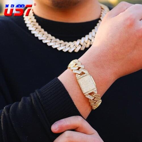 US7 2021 New Design 20mm Cuban Link Chain Iced Out Baguettes Stones Bracelet & Necklace for Men&Women Trendy Hip Hop Jewelry