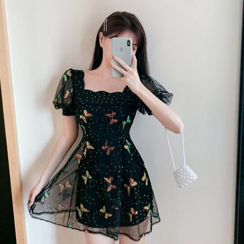 Puff Sleeve Black Mini Dress Women Square Collar Dot Sequined Butterfly Mesh Party Dress High Waist Lace Up Bow Backless B760