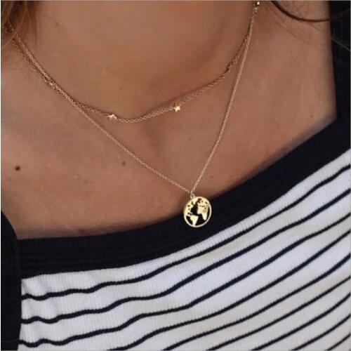 Two layers Necklace star charm chain choker world map pendant with silver color gold color metal chain