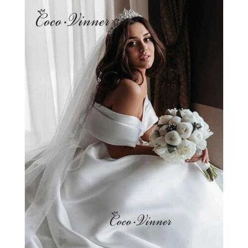 Off Shoulder Elegant Satin Wedding Dresses A line Short Sleeves Pleat White Color Court Train Bride Wedding Dresses W0921