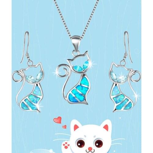 FDLK Bohemian Style Zinc Alloy Blue Imitation Fire Opal Cat Pendant Necklace Earrings Women Fashion Wedding Animal Jewelry Set