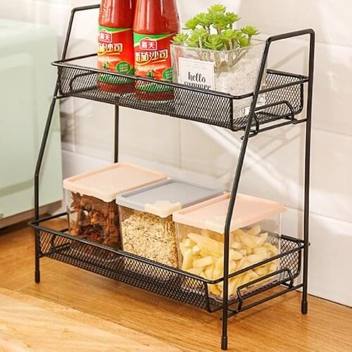 Kitchen Organizer Iron Storage Shelf Double Layer Seasoning Jars Container Cosmetic Makeup Holder Bathroom Desktop Plant Basket