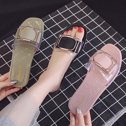 Summer Girls Cool Slippers Women Wear Outside Square Buckle Soft Bottom One-line Seaside Sandals Outdoor Vacation Sandals