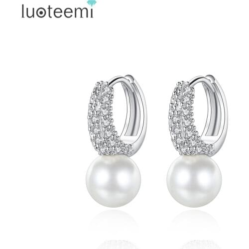 LUOTEEMI Brand Fashion White Imitation Pearl Clip on Earrings for Women New AAA Cubic Zircon Stone Stud Brincos Charm Jewelry