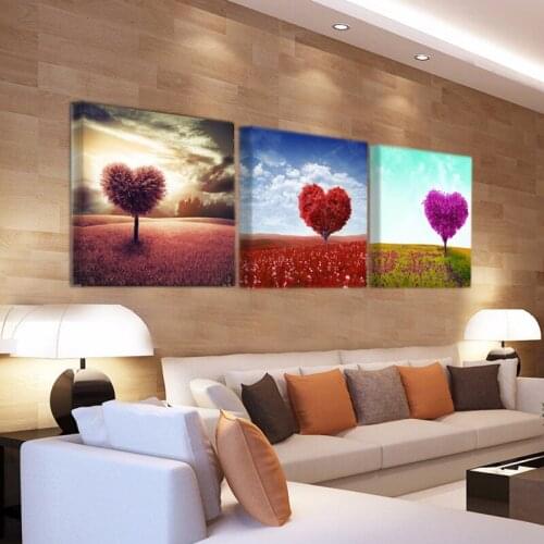 Canvas Print Bedroom Living Wall Modern Mural Poster 3 Panels Purple Romantic Heart Love Tree Modular Picture K201
