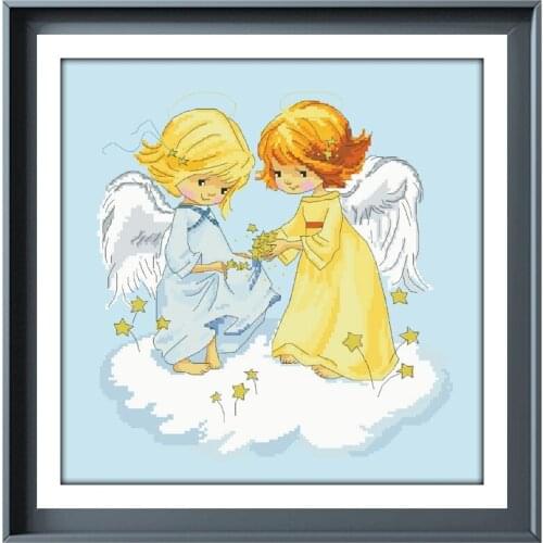 Angel sisters cross embroidery kits aida fabric 18ct 14ct 11ct skyblue cotton thread beads stitch embroider craft set