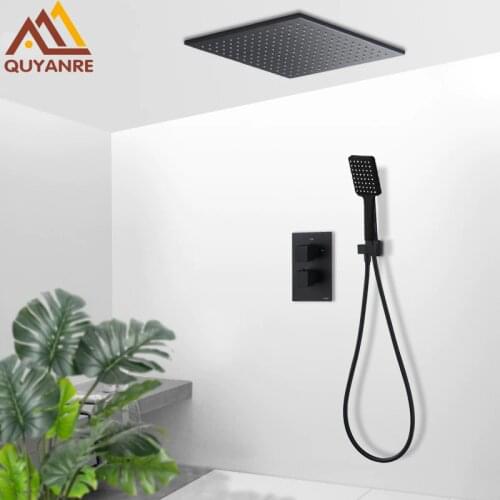 Quyanre Black ORB Thermostatic Shower Faucet Set Ceiling Mount Rainfall Brass Shower Thermostatic Mixer Tap Bathtub Shower Kit