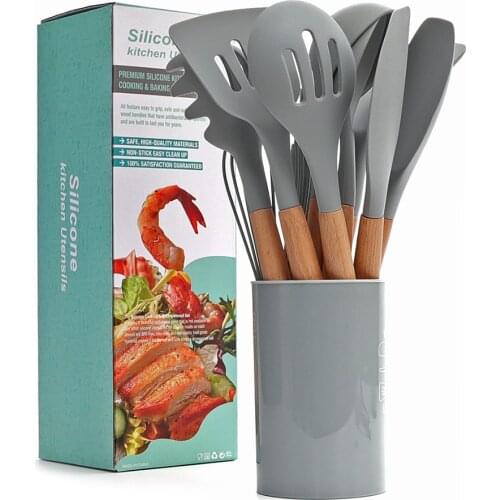 Silicone Cooking Utensils Kitchen Utensil Set - Non-stick Spatula Shovel Natural Acacia Wooden Handle Kitchen Tools