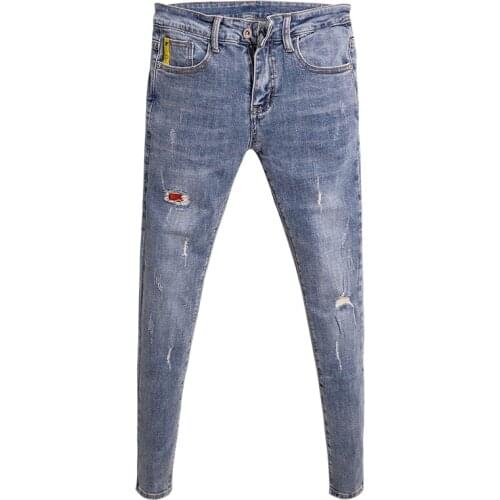 New 2021 Fashion street light blue washed pencil ninth pants mens Korean style ripped patch slim fit stretch skinny jeans men