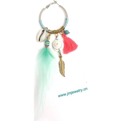 Wholesale handmade Ethnic jewellery vintage dangle feather earrings with tassel summer style nickel free earrings