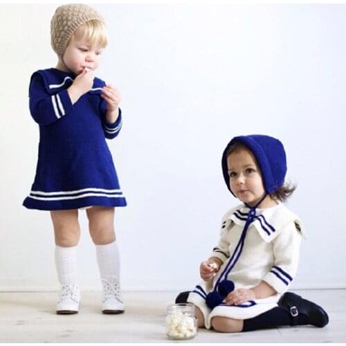 2019 Autumn Girls Sailor Sweater Dress Pullover Toddler Girls Jumper Knitwear Childrens Navy Long-Sleeve Sweater for Girls