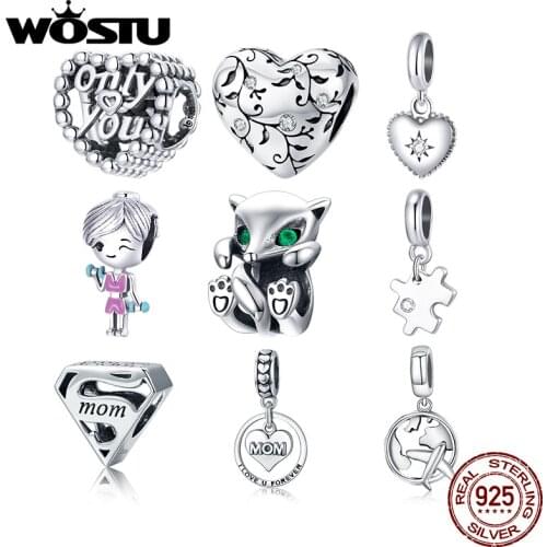 WOSTU Authentic 925 Sterling Silver Workout Girl Heart Charms Pendant Fit Bracelet Women Party Fashion DIY Jewelry Gift Making