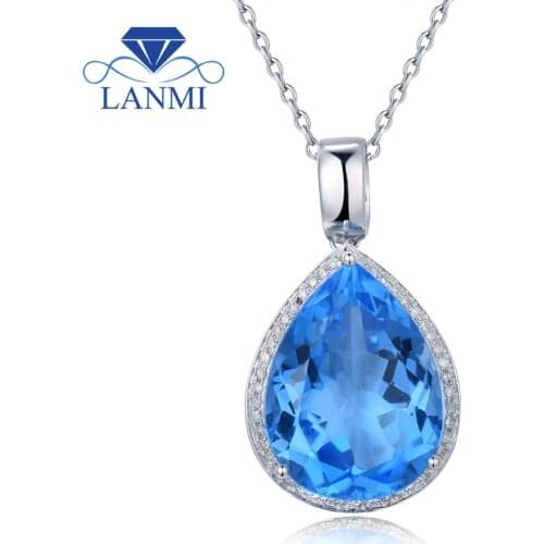 Vintage Pear 10x15mm Solid 14Kt White Gold Blue Topaz Pendant For Women Jewelry Gift CF001