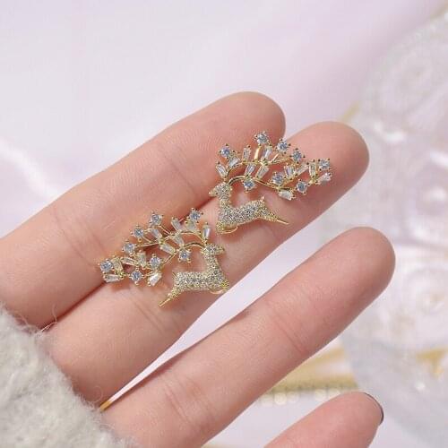 Luxury 14K Gold Plated Cute Deer Stud Earrings for Women Elegant AAA Cubic Zircon Earrings