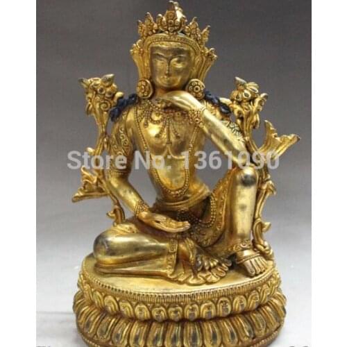 Xd 00962 9"Tibet Buddhism Fane Bronze 24K Gold Thinking Green Tara Kwan-yin Buddha Statue