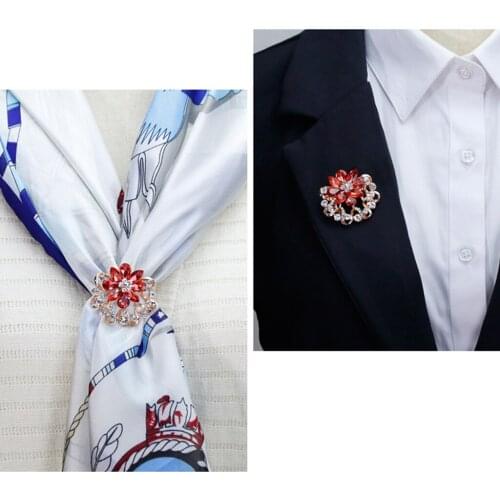 Womens Crystal Scarf Ring Clip Buckle Flower Silk Shawl Holder Brooch Badge With Safety Pin