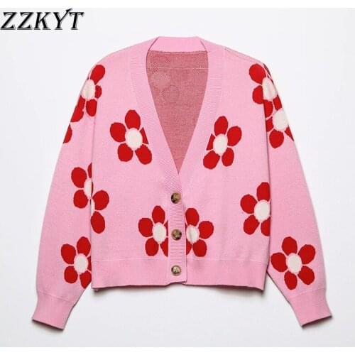 ZZKYT 2021 Women Spring Vintage Floral Knit Short Jacket Coat Fashion V-Neck Long Sleeve Single Breasted Outerwear Casual Tops