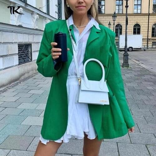 Women Solid Long Sleeve Blazers Notched Single Breasted Pockets Tops Loose Office Ladies Casual Chic Blazer Autumn Winter 2021