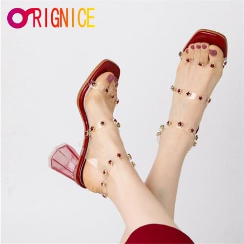 Orignice Unique Rivets PVC Red Crystal Inlaid Gladiator Sandals Womens Buckle Ankle Strap Peep Toe Clear High Heels Dress Shoes