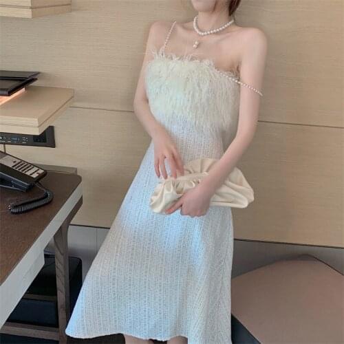 Spaghetti dress womens 2021 spring and winter new tube top mid-length dress slim waist fur bottom party women dresses