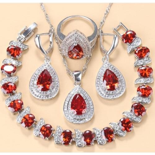AAA+ Red Garnet Indian Bridal Jewelry Sets Water Drop Shape Earrings Necklace Pendant Bracelet Ring For Women Wedding Costume