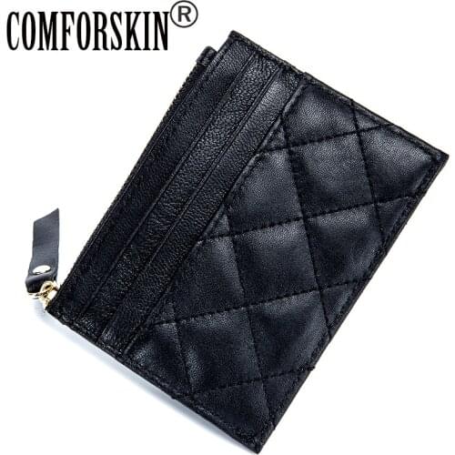 COMFORSKIN Brand New Arrivals 100% Sheep Skin Soft Coin Purses High Quality Multi-function Plaid Style Card Wallets 2020 Hot