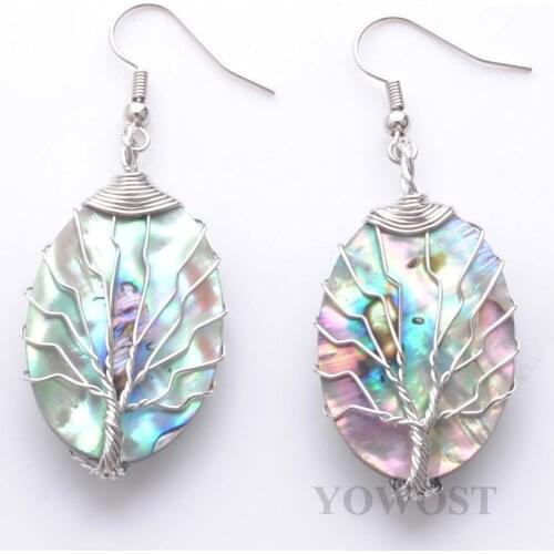 Elegant Dangle Earrings for Women Jewelry Gifts Tree of Life Oval Silver Wrap Wire Abalone Shell Earring QR3476