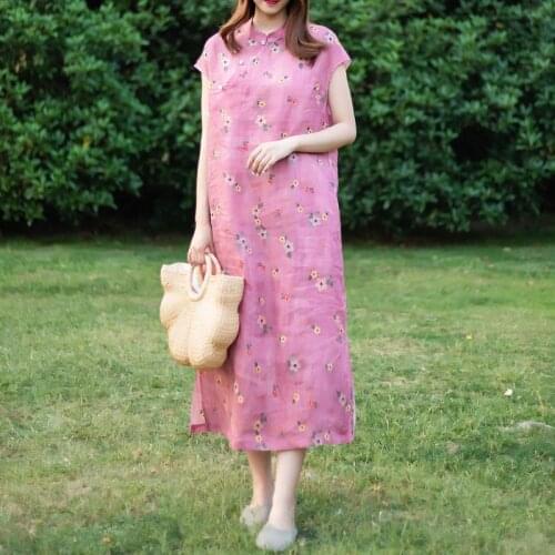 Johnature Women Vintage Ramie Dresses Chinese Style Stand Button Print Floral High Quality 2021 Summer New Female A-line Dress