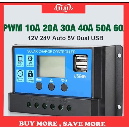 60A/50A/40A/30A/20A/10A Solar Charger Controller 12V 24V Auto PWM Controllers LCD Display 5V Dual USB Output Controller