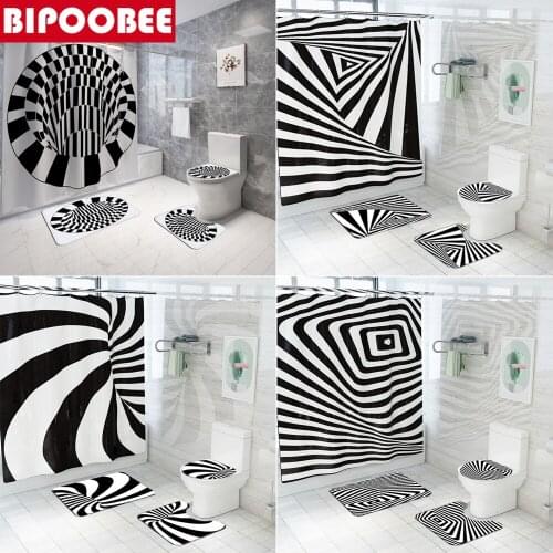 Creative 3d Printed Shower Curtain Stripes Bathroom Curtains Set Anti-skid Rugs Toilet Lid Cover Bath Mat Home Decoration