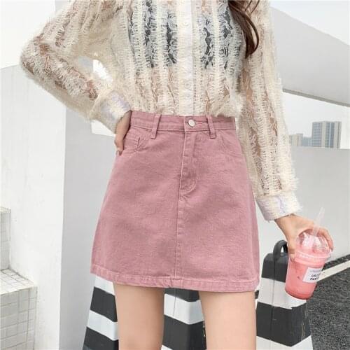 Summer Women Pink Denim Skirt Loose Plus Size High waist Mini Skirt Korean Womens Fashion Casual A-Line Jeans Short Skirts
