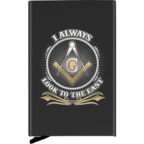 Metal Case Masonic I Always Look to East Design Credit Card Holder Men Slim Anti Protect Travel ID Cardholder Women Rfid Wallet