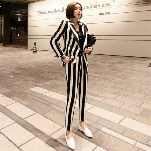 Fashion suit womens suit long coat slim slimming black and white striped professional wear pants two piece set
