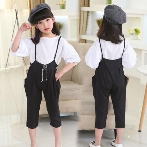 Girls Clothes 2019 Autumn Girls Clothing Sets Kids Clothes Puff Sleeve Blouse+Overalls 2-piece Suit Children Clothing Set 4-14Y