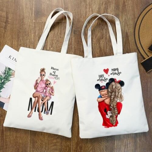 Matching Family Outfits Super Mom and Daughter printing Bag Women Bag Large-capacity Canvas College Shopping Bag Shoulder Bags