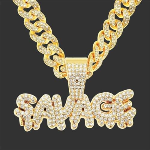 Punk Savage Letter Necklace & Pendant With Miami Shiny Ice Out Cuban Link Chain Choker Hip Hop Jewelry For Men Gift