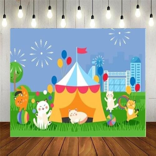 Photo Studio Props Vinyl Photography Backdrop Festive Tent And Cute Cat Playground Kids Birthday Decoration Customizable Text