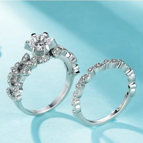 Luxury Female White leaf Ring Set 925 Silver Ring Vintage Wedding Band Promise Engagement Rings For Women