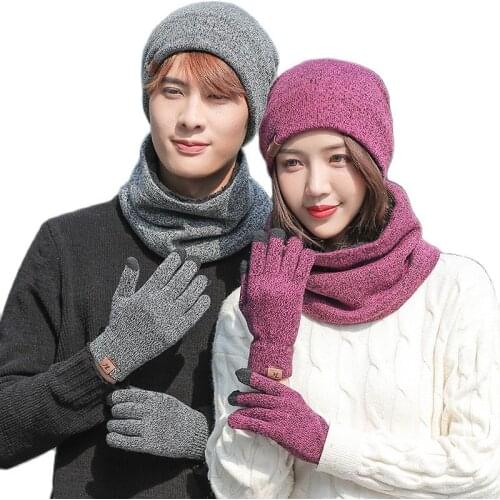 Autumn Winter Unisex Man Woman Warm Crochet Bonnet Cap Neckerchief Knit Wool Hat Scarf Gloves 3 Piece Sets