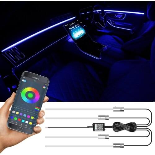 6 in 1 RGB LED Atmosphere Car Light Interior Ambient Light Fiber Optic Strips Light by App Control DIY Music 6M Fiber Optic Band