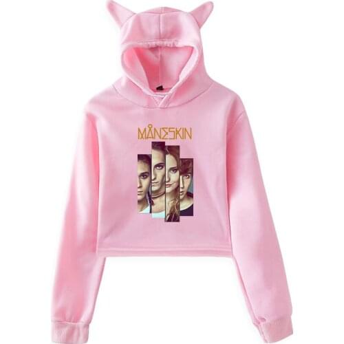 Maneskin Cat Ear Cropped Hoodies Women Long Sleeve Hooded Crop Tops Female Streetwear Pullovers Fashion Clothes