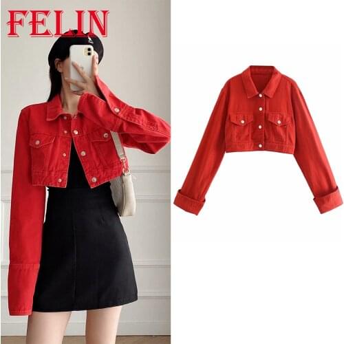 Za 2021 Jeans Feminina Red Jacket Fashion Autumn Active Long-Sleeve Women’s Denim Vogue Jacket Y2K Streetwear Pockets All-Match