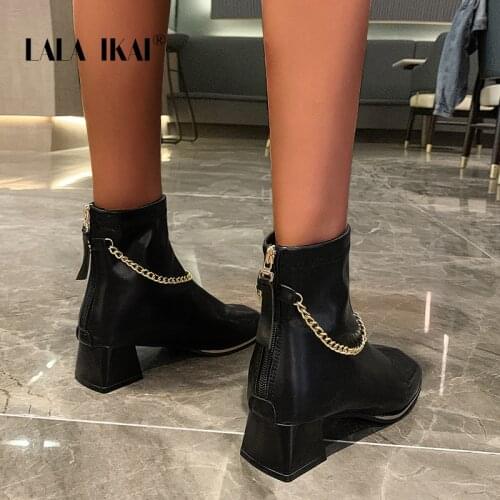 LALA IKAI Boots Women Autumn Winter 2020 Chain Ankle Boots High Heels Back Zipper Short Booties Fashion Zapatos de mujer WC10556
