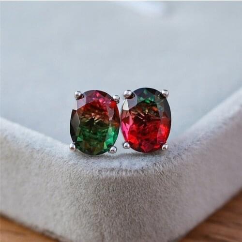 Luxury 925 Sterling Silver Natural Multicolor Oval Shine Zircon Crystal Stud Earrings Trendy Wedding Earrings Jewelry for Women