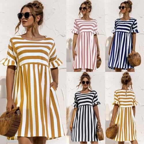 Summer Dress Women Robe Femme Striped Ruffles A Line Dresses O Neck Loose Pocket Dress For Women Clothing 2021 Vestido De Mujer